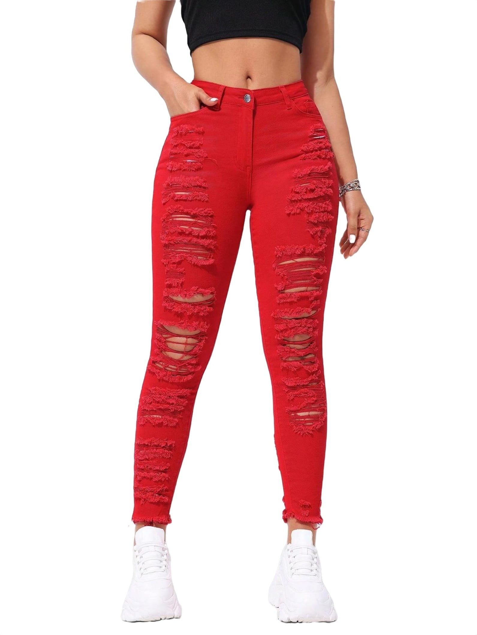 Women's Plain Skinny Red Cropped Jeans M (6)