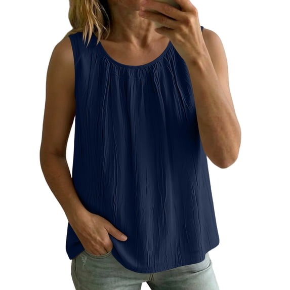 Women's Plain Sleeveless Tank Top Summer Oversized Crew Neck Basic Tee Tank Flowy Casual Boho Beach Vacation Tops Navy
