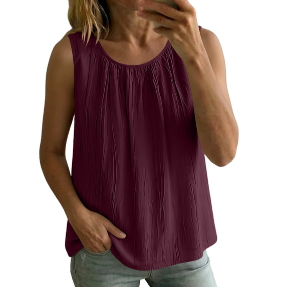 Women's Plain Sleeveless Tank Top Summer Oversized Crew Neck Basic Tee Tank Flowy Casual Boho Beach Vacation Tops Wine