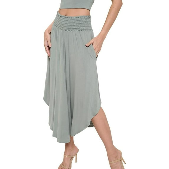 Women's Plain Smocking Flair Bell Bottom Skirt for Casual and Daily Dresses(Green X-Large Size)