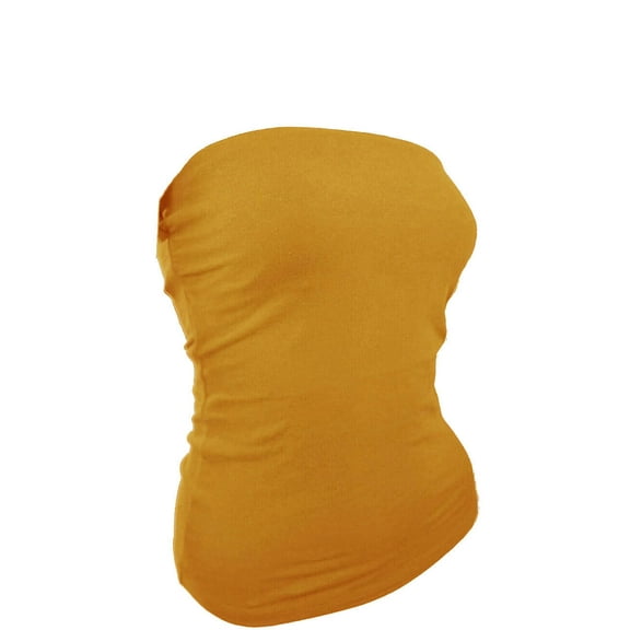 Women's Plain Solid Cotton Tube Top Strapless Casual Basic Junior & Plus Size (Mustard, S)