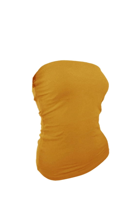 Women's Plain Solid Cotton Tube Top Strapless Casual Basic Junior & Plus Size (Mustard, S)