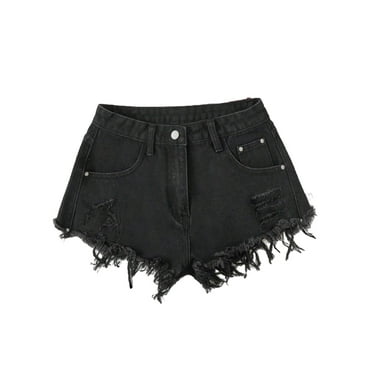Women's Plain Straight Leg Black Denim Shorts 26 (2)