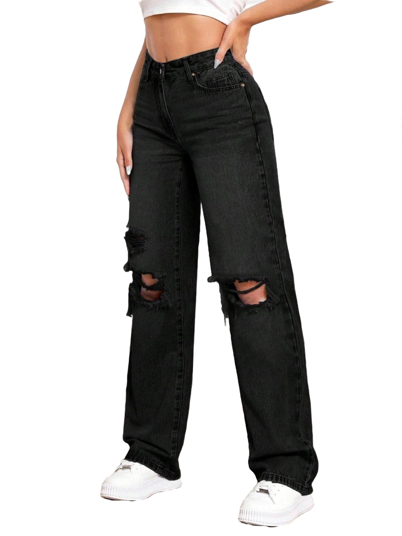 Women's Plain Straight Leg Black Long Jeans Tall L (8/10)