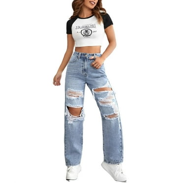 Women's Plain Straight Leg Light Wash Long Jeans Petite S (4)