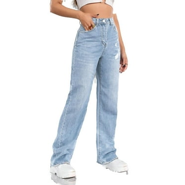Women's Plain Straight Leg Light Wash Long Jeans S (4)