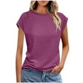 thumbnail image 1 of Women's Plain T-shirts Summer Crewneck Cap Sleeve Tops Solid Color Polyester Casual Basic Tee Shirts (L, Purple), 1 of 5