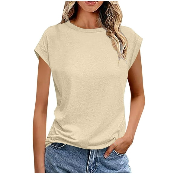 Women's Plain T-shirts Summer Crewneck Cap Sleeve Tops Solid Color Polyester Casual Basic Tee Shirts (S, Beige)