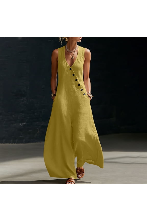 Women's Plain V-Neck Button-Up Sleeveless Cotton Overalls Rompers Baggy Wide Leg Jumpsuits