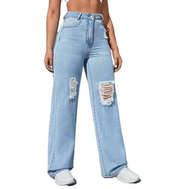 Women's Plain Wide Leg Light Wash Long Jeans W26 L32 ()