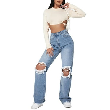 Women's Plain Wide Leg Light Wash Long Jeans XS (2)
