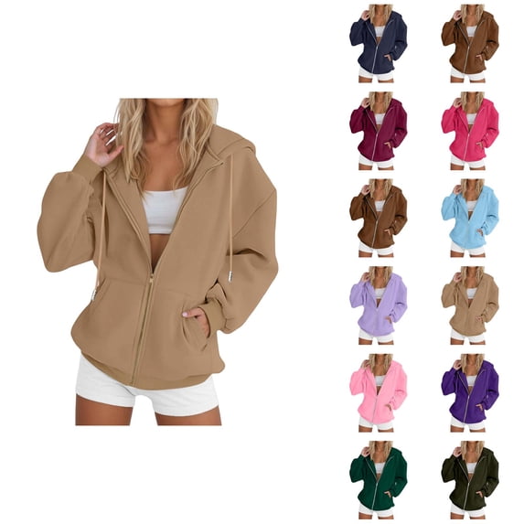 Women's Plain Zip Up Hoodie 2026 Fashion Fall Winter Solid Color Hooded Sweatshirt with Pockets Jacket Outerwear