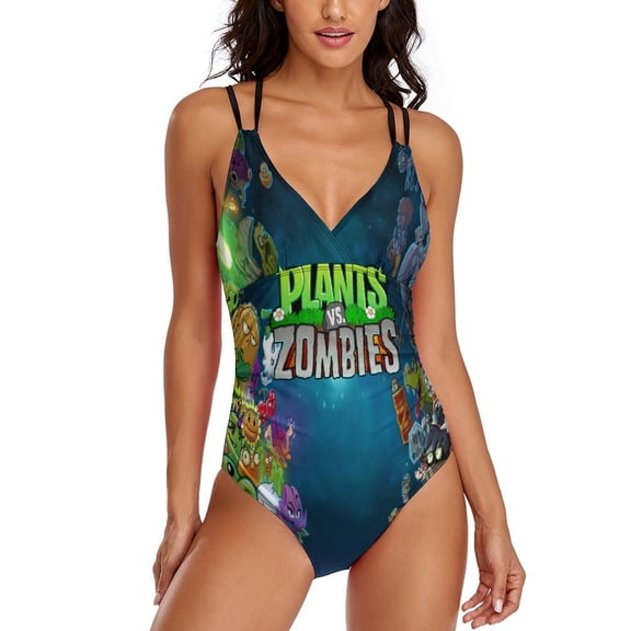 Women's Plants Vs Zombies Swimsuit One Piece Bathing Suit V Neck Tummy Control Sports Beach Swimwear