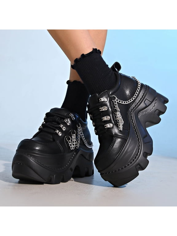 Women's Platform Ankle Boots Chain Decor Lace Up Chunky Lug Sole Round Toe Gothic Punk Booties