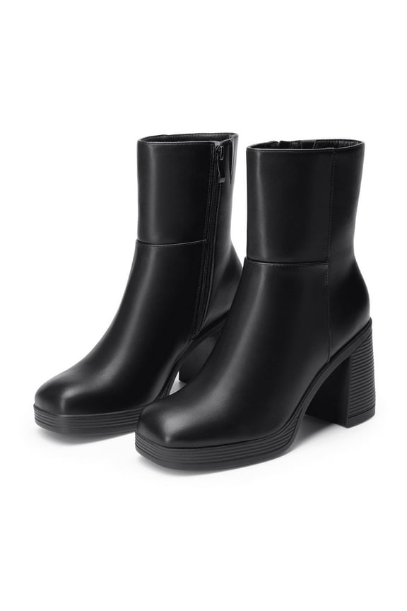 Women's Platform Ankle Boots Chunky High Heel Square Toe Gogo Booties Side Zipper Party Dress Shoes Comfortable