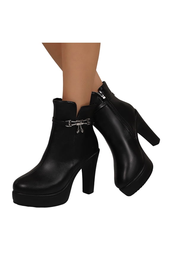 Women's Platform Ankle Boots Elegant Leather Glitter Chain Winter Dress Booties Round Toe Side Zipper High Heels Black Size 7