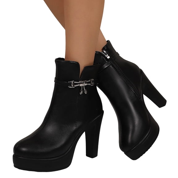 Women's Platform Ankle Boots Elegant Leather Glitter Chain Winter Dress Booties Round Toe Side Zipper High Heels Black Size 9