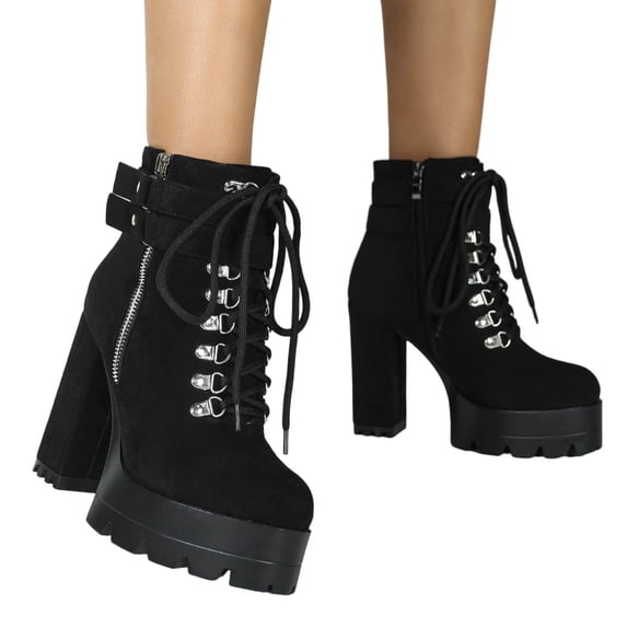 Women's Platform Ankle Boots Lace up Block High Heels Combat Boots with Zipper Round Toe Buckle Strap Vintage Goth Booties