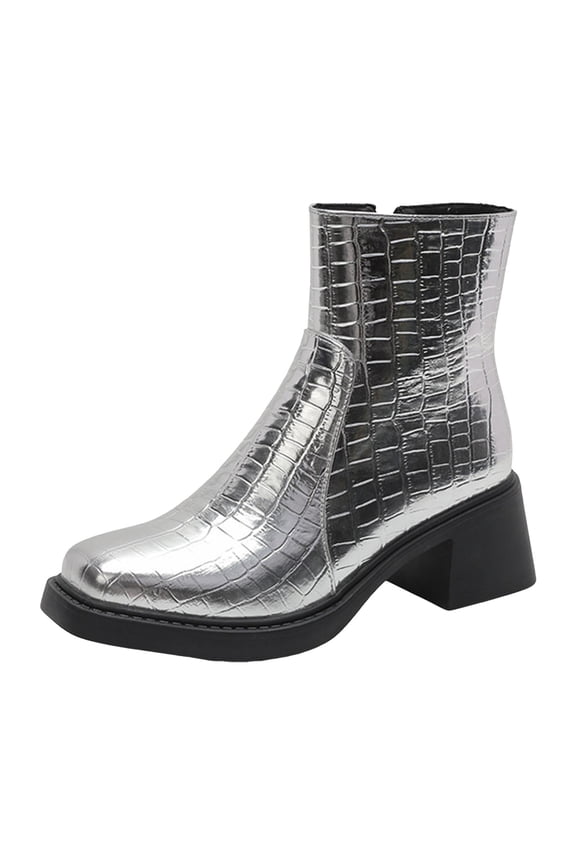 Women's Platform Chelsea Combat Boots Sparkly Metallic Leather Square Toe Chunky Heeled Short Ankle Booties