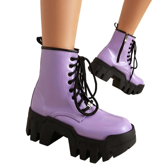Women's Platform Chunky Combat Boots Punk Leather Thick Soles Lace up Mid Calf Riding Walking Short Boots