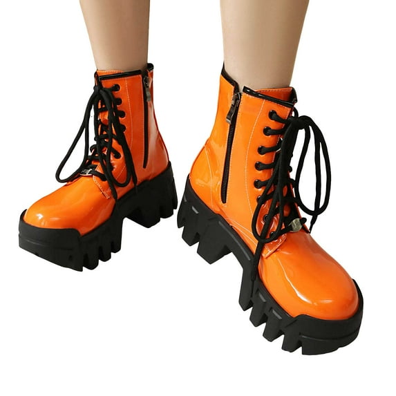 Women's Platform Chunky Combat Boots Punk Leather Thick Soles Lace up Mid Calf Riding Walking Short Boots