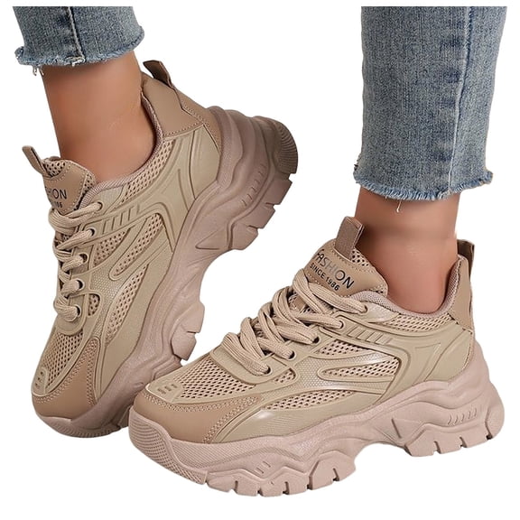 Women's Platform Chunky Fashion Slip On Sneakers Walking Lace Up Comfortable Workout Sport Work Casual Tennis Shoes Brown Size 7