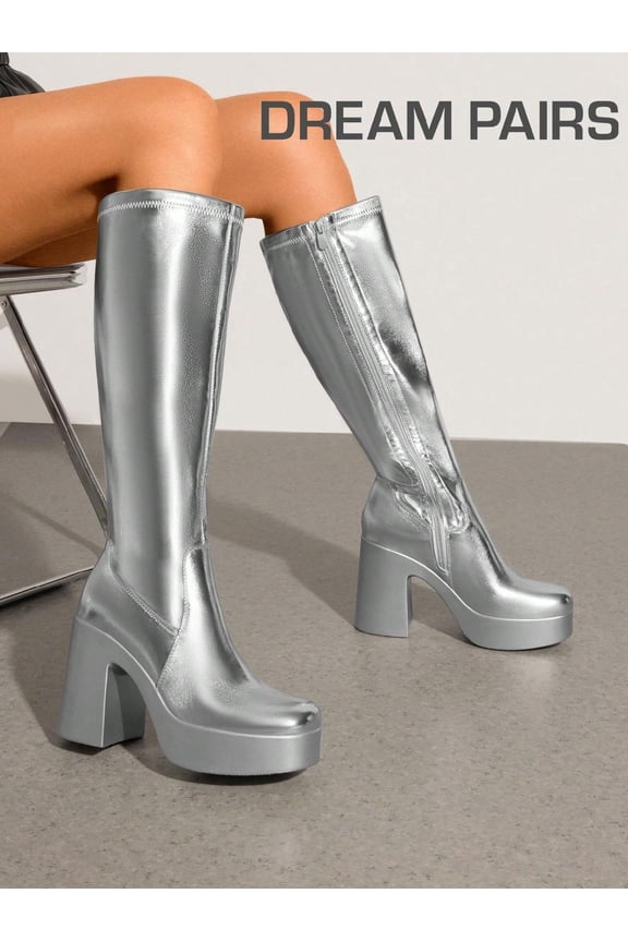 Women's Platform Chunky Heel Knee-High Boots Square Toe Solid Color Y2K Style GoGo Boots
