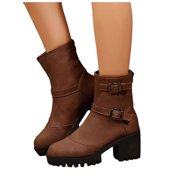 Women's Platform Chunky High Heeled Mid Calf Combat Boots Fashion Buckle Ankle Motocycle Booties with Back Zipper