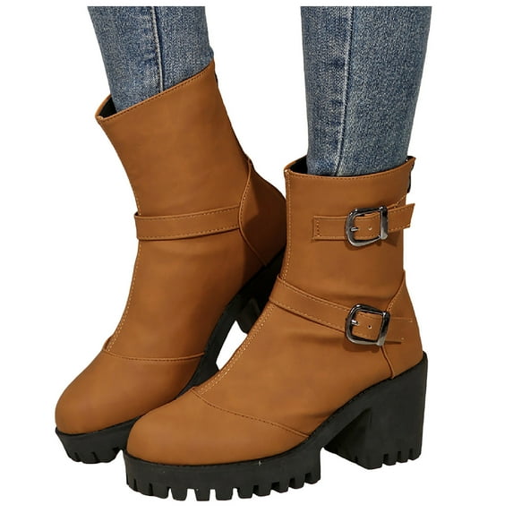 Women's Platform Chunky High Heeled Mid Calf Combat Boots Fashion Buckle Ankle Motocycle Booties with Back Zipper