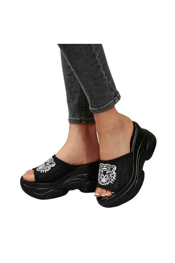 Women's Platform Chunky Slippers Sandals Fashion Tiger Knit Open Toe Wedge Heeled Slip on Slides for Women