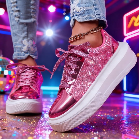 Women's Platform Chunky Sneakers Glitter SparklyShiny Thick Sole Footwear (Pink 39)