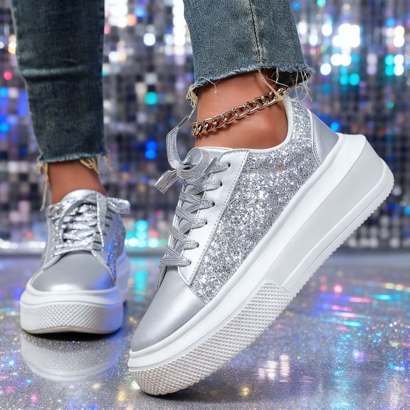 Women's Platform Chunky Sneakers Glitter SparklyShiny Thick Sole Footwear (Silver 38)