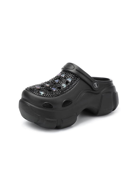 Women’s Platform Clog Sandals, Rhinestone Slip-On Garden Shoes, Chunky Casual Slides