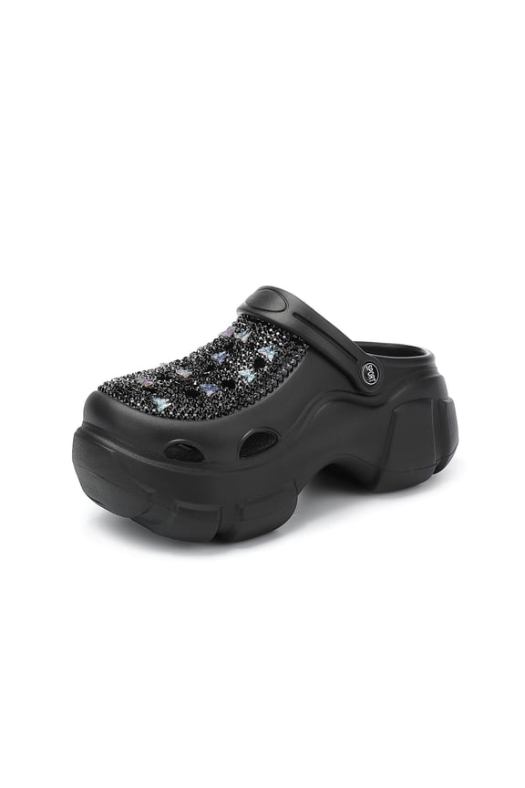 Women’s Platform Clog Sandals, Rhinestone Slip-On Garden Shoes, Chunky Casual Slides