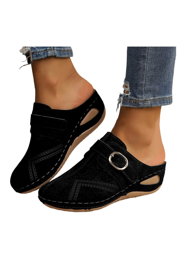 Women's Platform Clogs Slip On Backless Mules Wide Width Closed Toe Wedge Sandals Comfortable Non Slip Walking Shoes Black Size 6.5