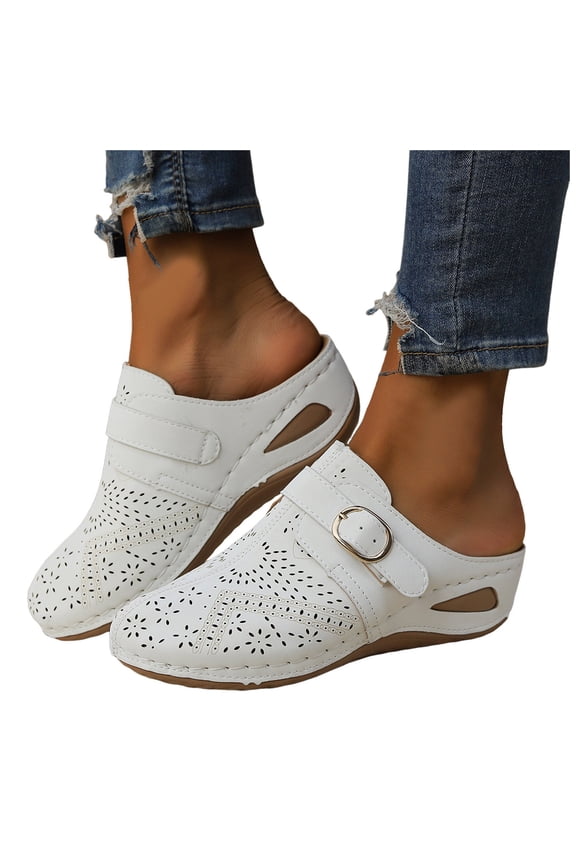Women's Platform Clogs Slip On Backless Mules Wide Width Closed Toe Wedge Sandals Comfortable Non Slip Walking Shoes White Size 8