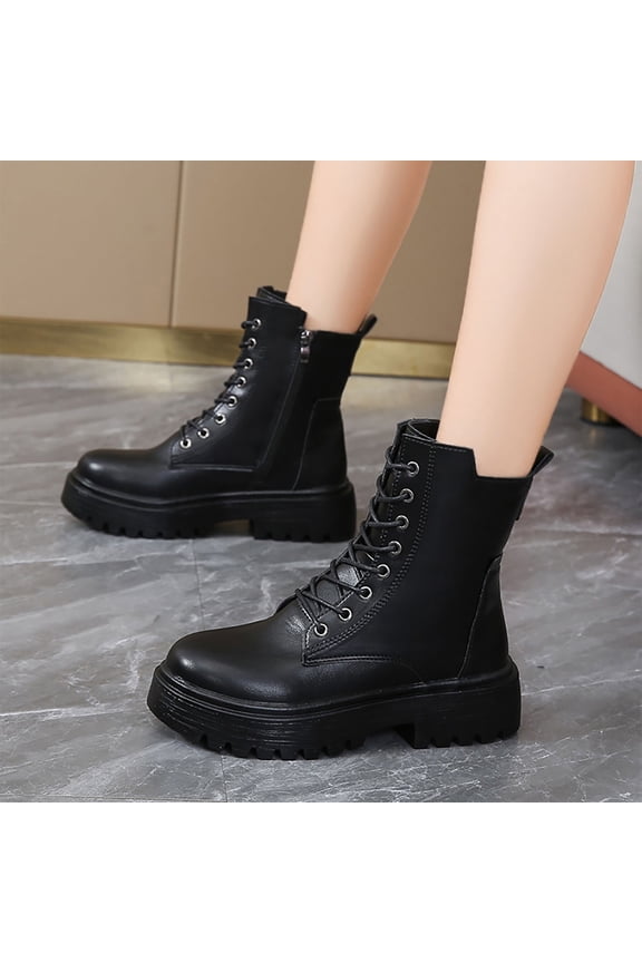 Women's Platform Combat Ankle Boots Lace-up Short Booties (Black 39)
