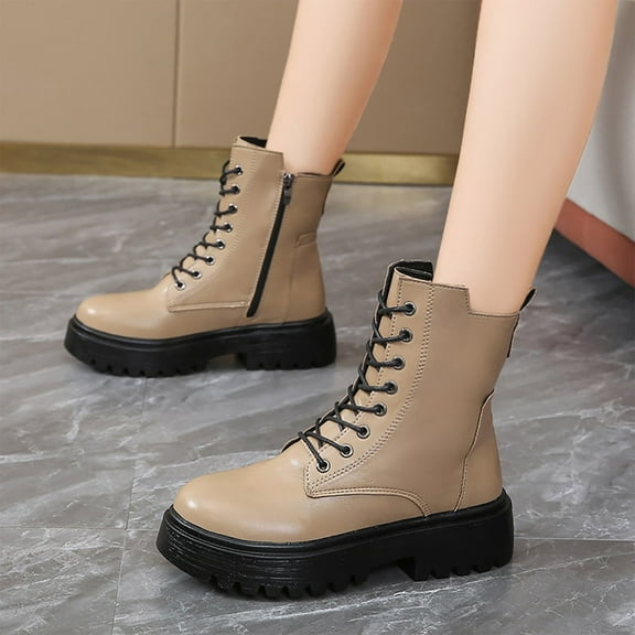 Women's Platform Combat Ankle Boots Lace-up Short Booties (Khaki 41)