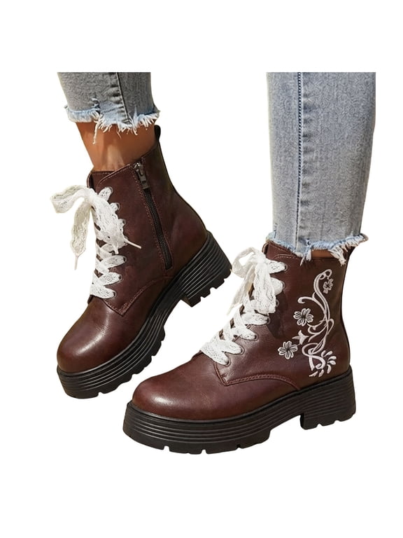 Women's Platform Combat Booties Leather Floral Embroidery Lace Up Lug Sole Boot Round Toe Fall Fashion Ankle Boots for Lady Size 8