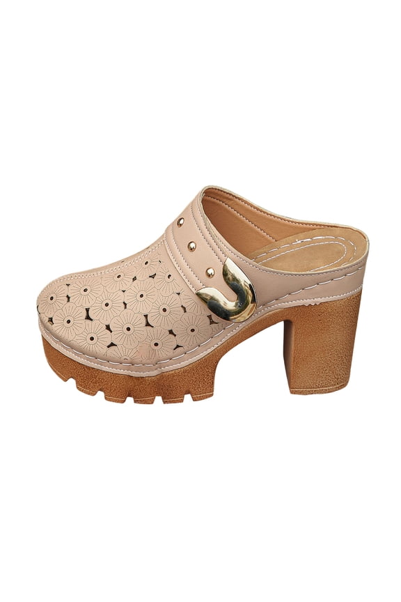 Women's Platform Cut Out Sandals Block High Heels Backless Mules Dress Sandal Close Toe Wide Width Walking Shoes Beige Size 9.5