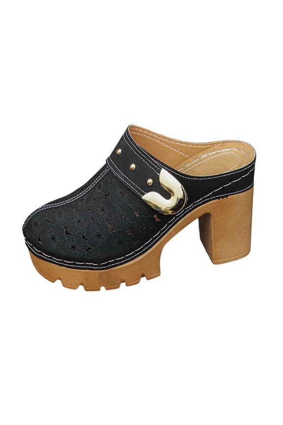 Women's Platform Cut Out Sandals Block High Heels Backless Mules Dress Sandal Close Toe Wide Width Walking Shoes Black Size 8.5