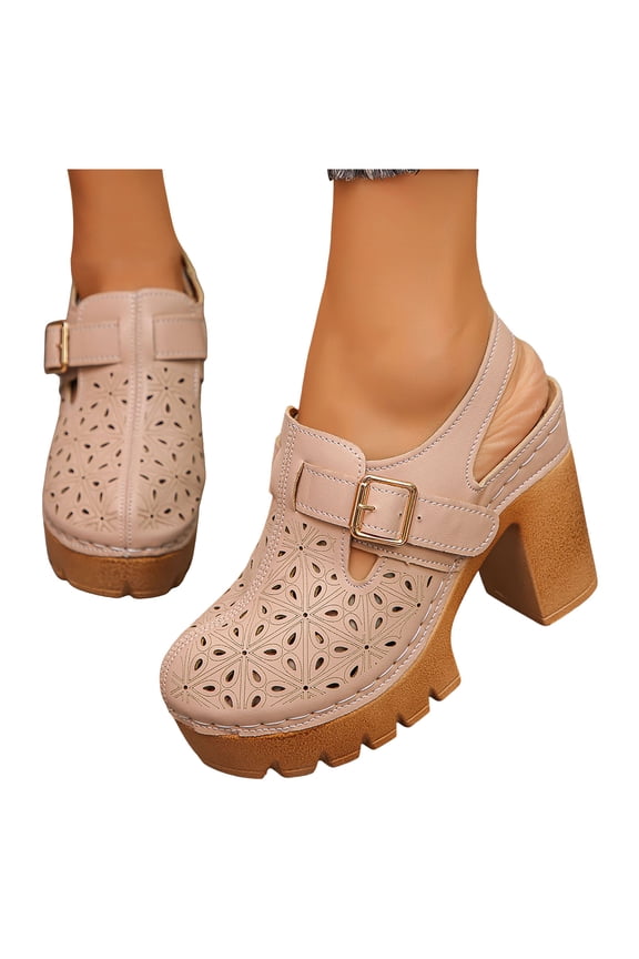 Women's Platform Cut Out Sandals Block High Heels Sling Back Dress Sandal Close Toe Wide Width Walking Shoes Beige Size 8.5