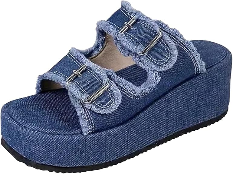 Women's Platform Denim Slide Sandals witrh Arch Support Adjustable Double Buckle Slip On Open Toe Sandals Summer Casual Beach Sandals