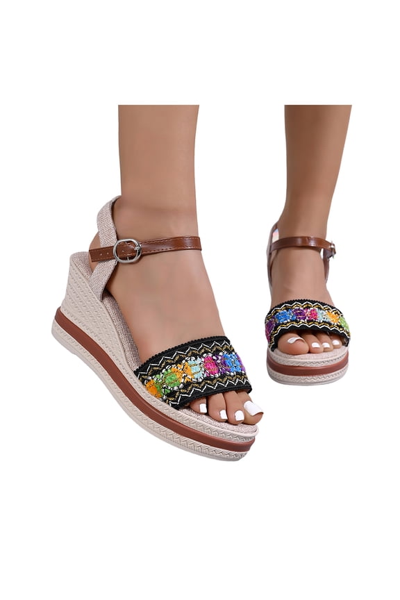 Women's Platform Espadrilles Sandals Retro Embroidered Wedge Sandal Open Toe Ethnic Thick Soled Beach Shoes Black Size 7