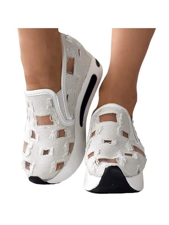 Women's Platform Fashion Sneakers with Hidden Wedges Casual Ripped Denim Canvas Chunky Slip on Walking Shoes