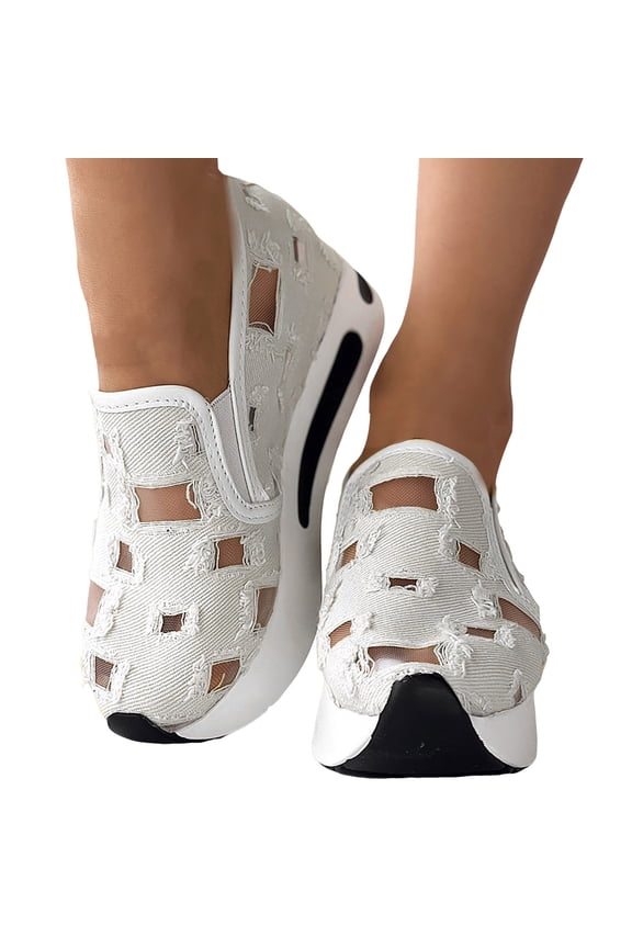 Women's Platform Fashion Sneakers with Hidden Wedges Casual Ripped Denim Canvas Chunky Slip on Walking Shoes