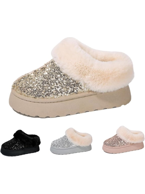 Women's Platform Flat Boots Glitter Sequin Fuzzy Slippers Warm Winter Snow Boots Indoor And Outdoor Comfy Warm
