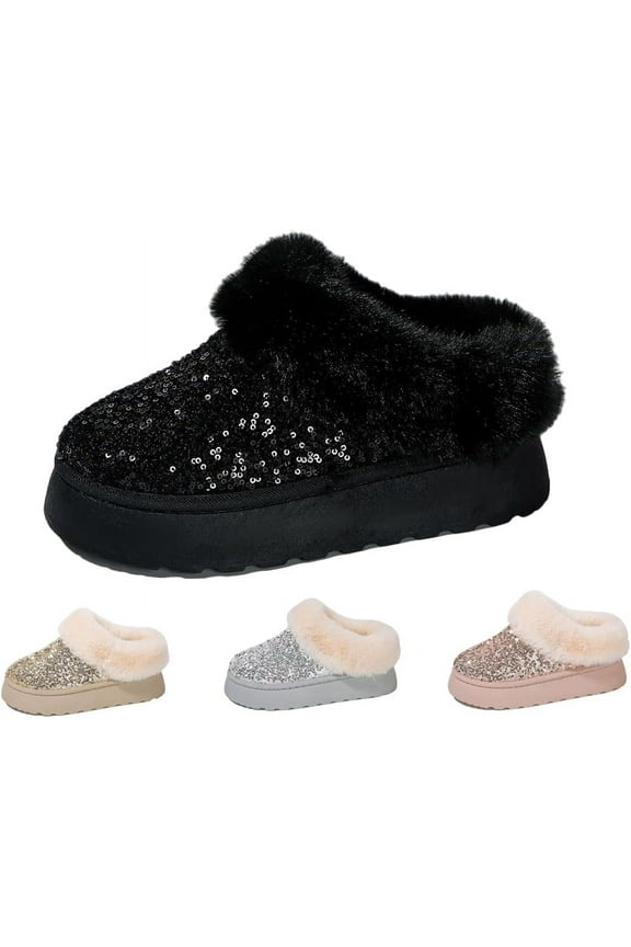 Women's Platform Flat Boots Glitter Sequin Fuzzy Slippers Warm Winter Snow Boots Indoor And Outdoor Comfy Warm