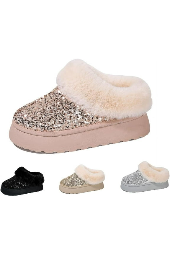 Women's Platform Flat Boots Glitter Sequin Fuzzy Slippers Warm Winter Snow Boots Indoor And Outdoor Comfy Warm