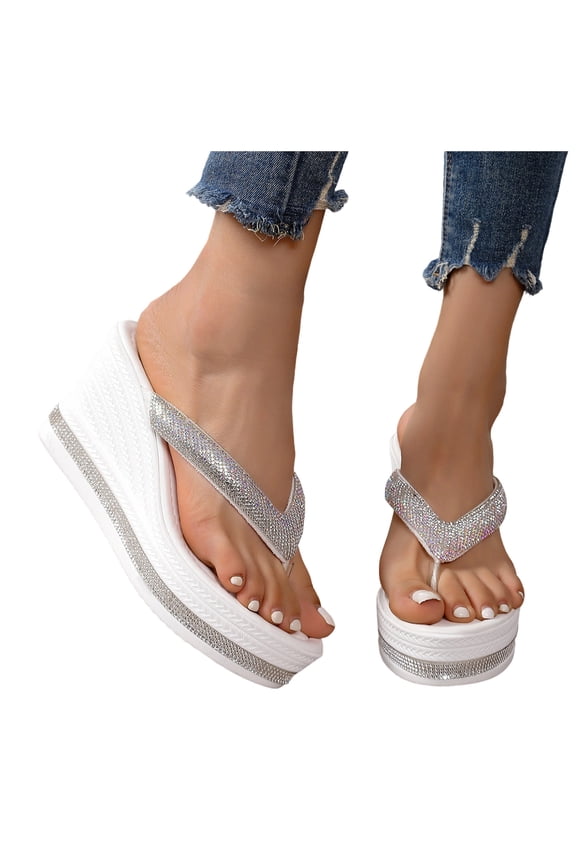 Women's Platform Flip Flop Glitter Rhinestones Wedding Heels with Arch Support Comfortable Wedge Summer Thong Sandals White Size 7